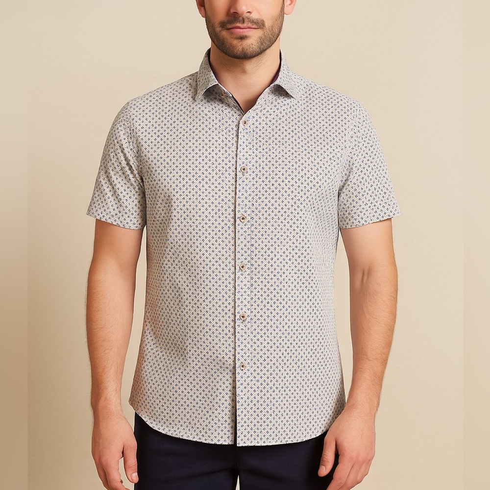 Ted Baker Short-Sleeve Button-Down | White with Purple & Blue Geo Design